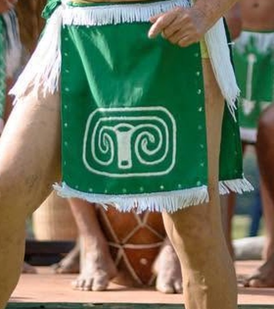 Close-up of the petroglyph motif painted on a traditional green Kalinago skirt