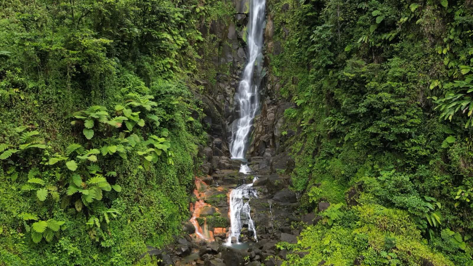 Tall waterfall cascading over dark mineral-stained rocks surrounded by lush rainforest in Dominica
