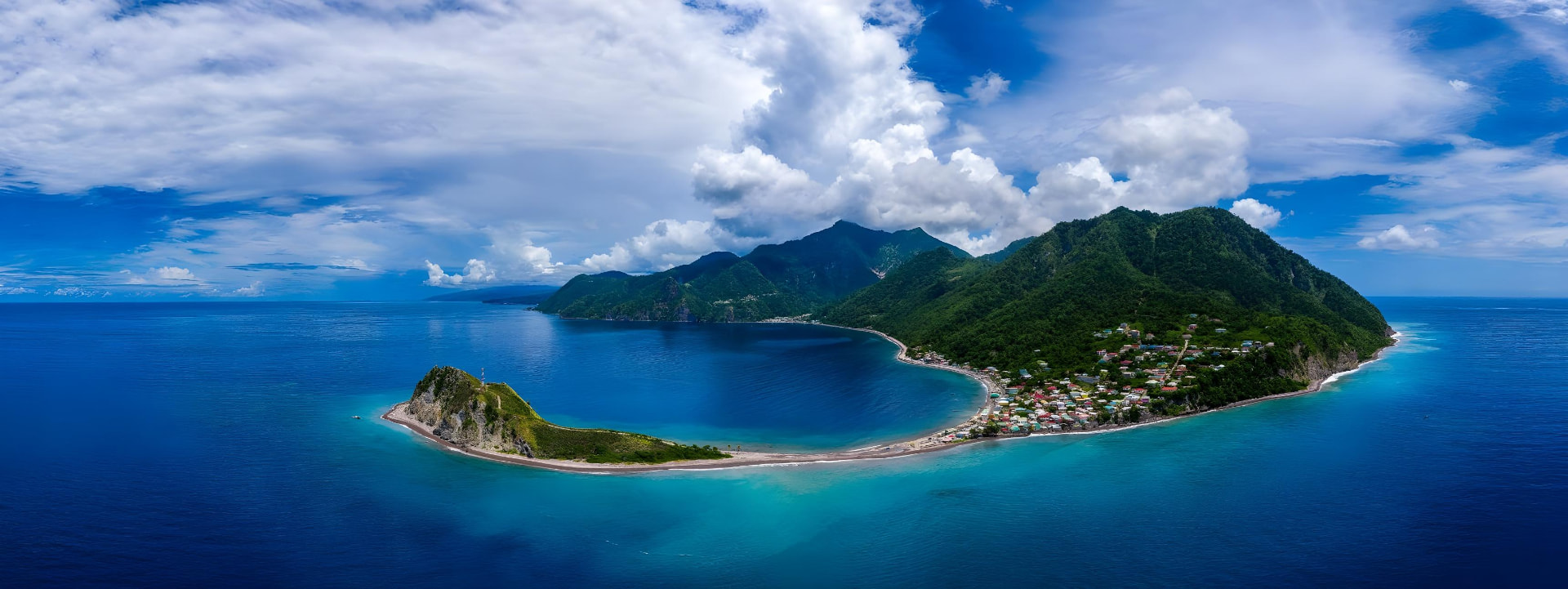 Aerial panorama of Scotts Head and the Caribbean Sea