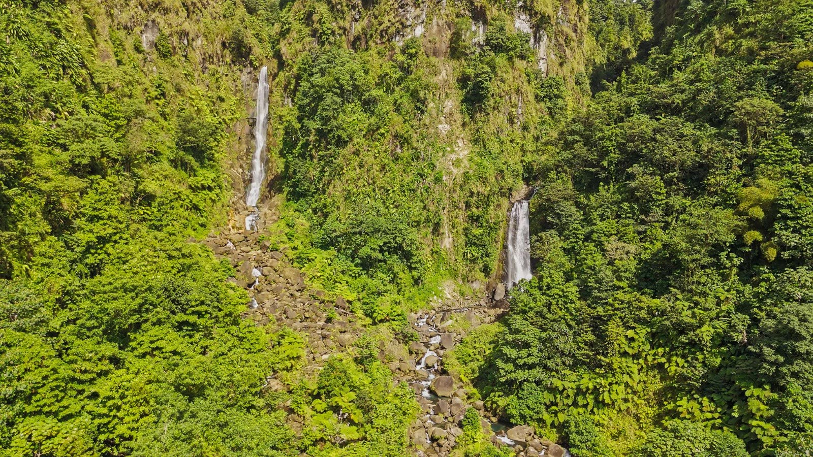 Twin waterfalls spilling down a green valley into a rocky riverbed in Dominica