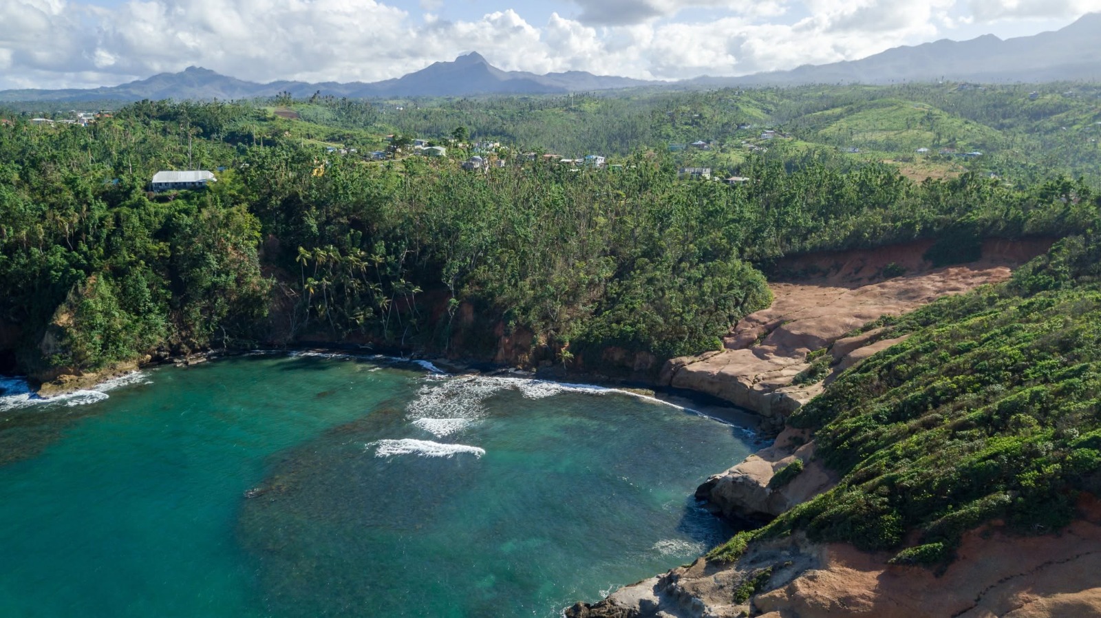 Aerial view of Dominica's wild green coastline meeting clear turquoise water