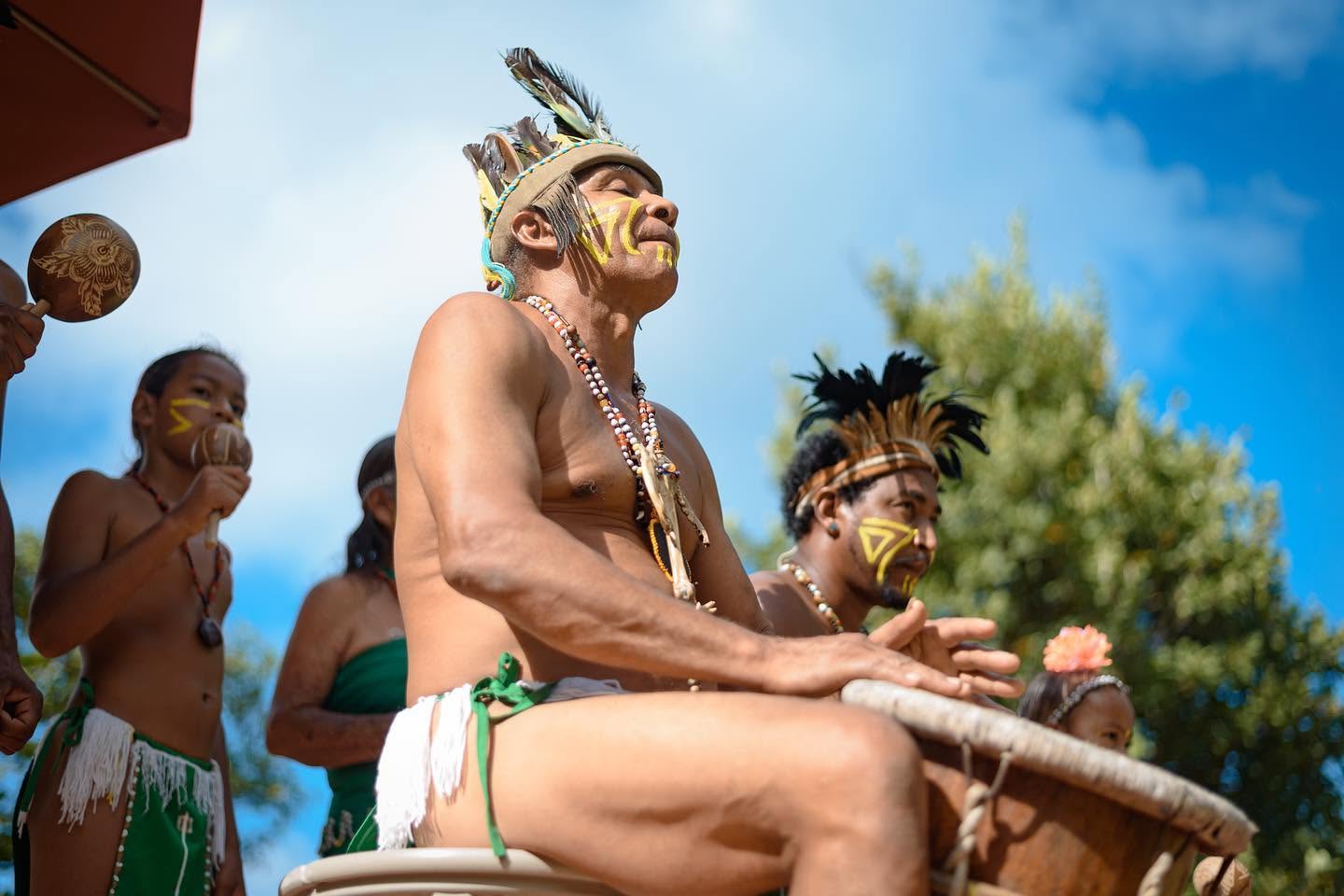 Kalinago drummers and musicians during a cultural celebration