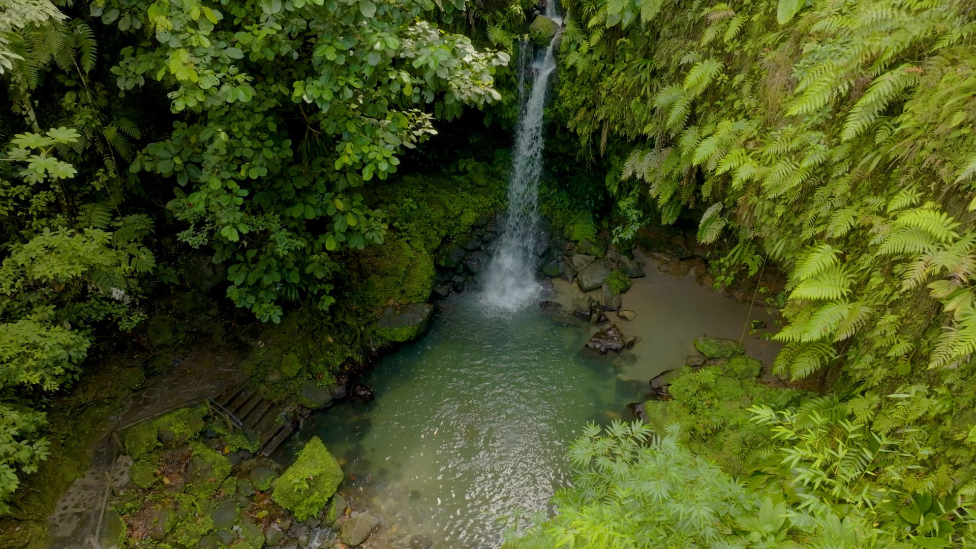 Emerald Pool waterfall dropping into a green grotto