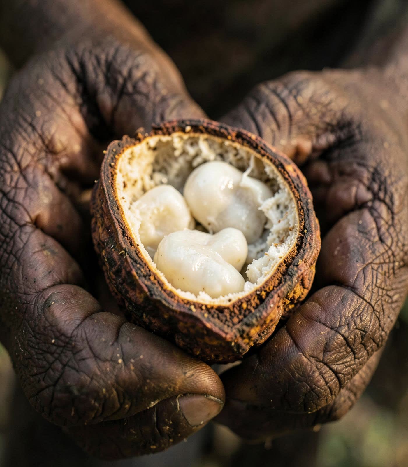 Farmer's hands holding a freshly split cocoa pod