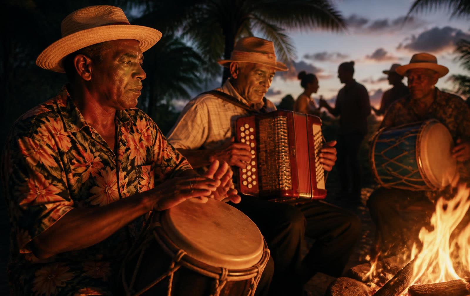 Creole musicians playing drums and accordion by firelight