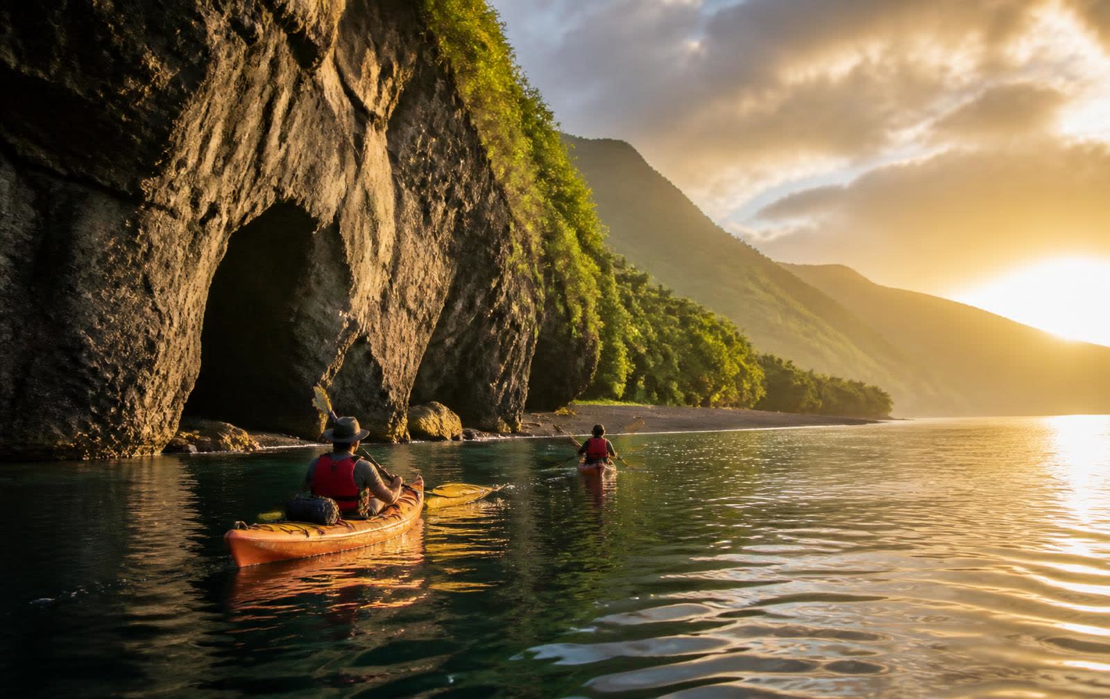 Sea kayakers passing a sea cave on Dominica's west coast