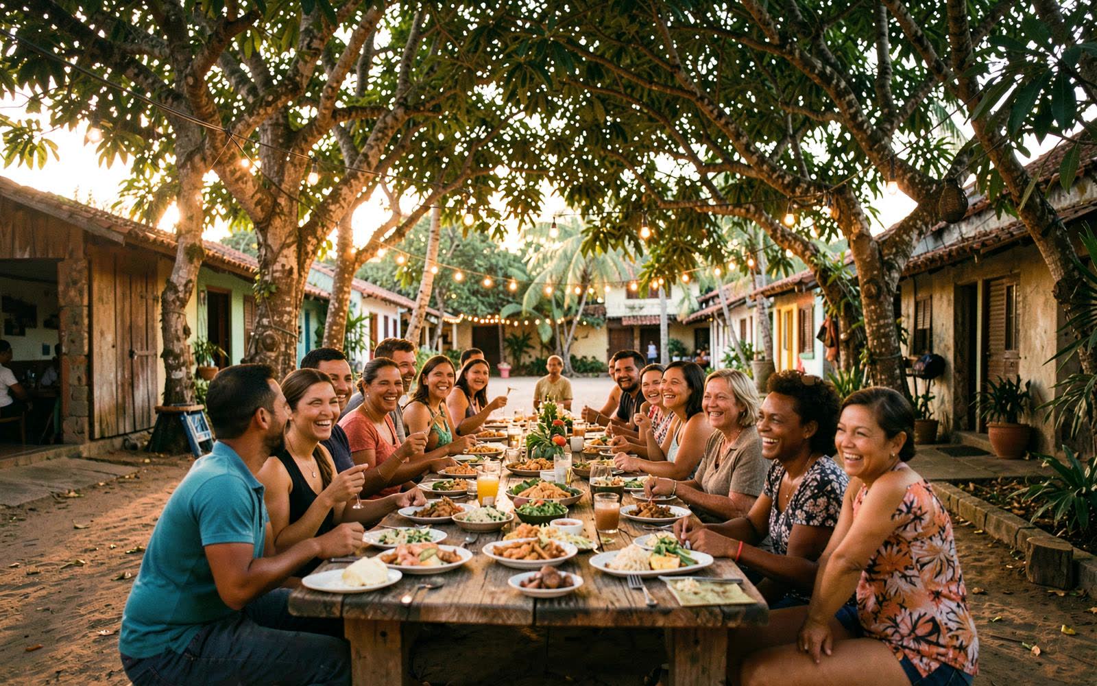 Long communal table of shared food in a Dominican village at golden hour