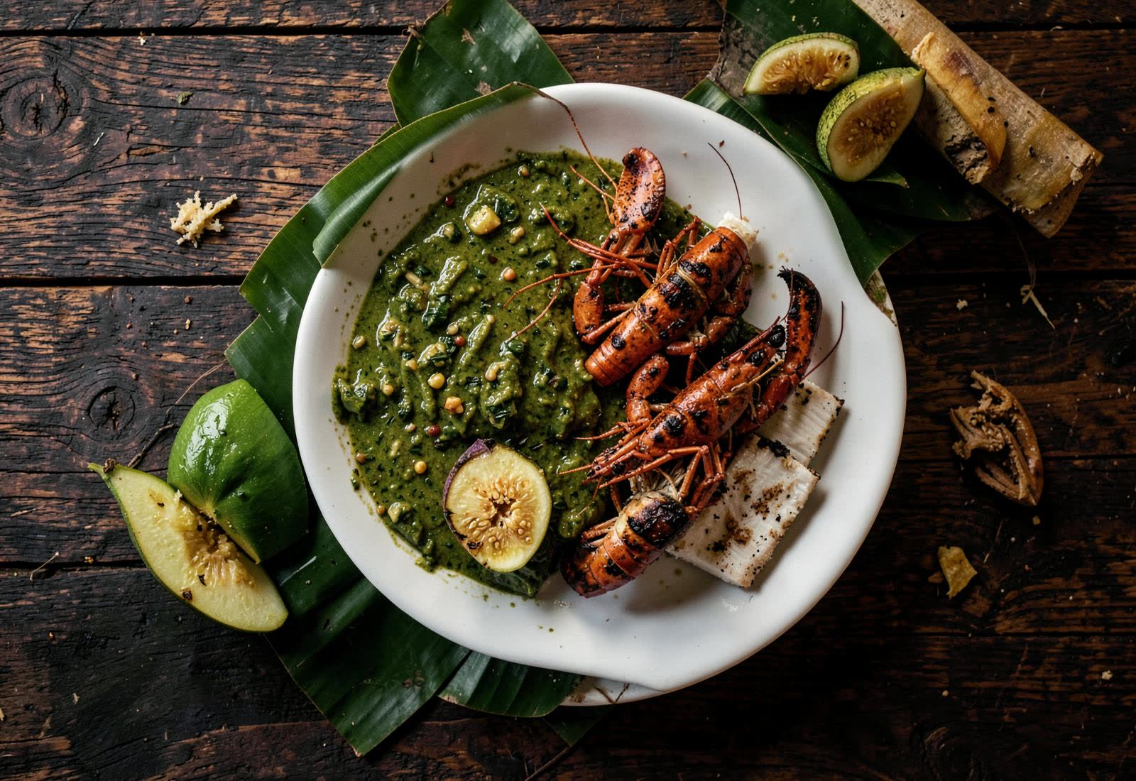 Creole plate of callaloo, grilled crayfish, green fig and saltfish
